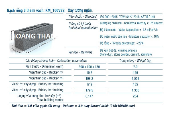 Gạch XMCL cao 130 xây tường rỗng 170mm